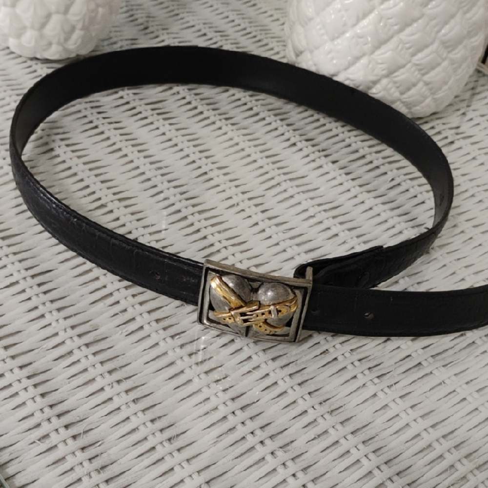 Vicenza Black Leather Belt with Goldtone and silver Heart Buckle - Size 28